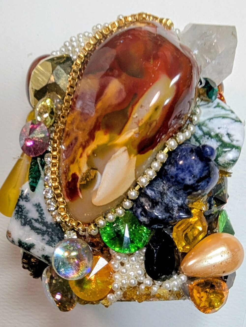 Wendy Gell  4-in cuff minerals quarts amber Swarovski Jewels pearls